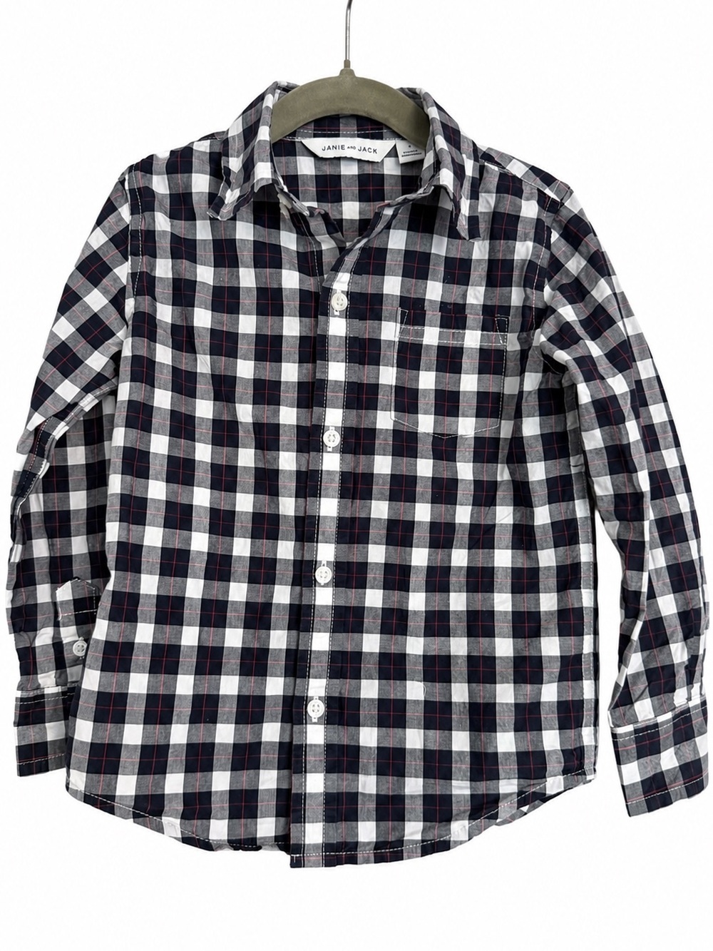 Janie and Jack Boys Size 3 Plaid Button Down Shirt Navy Gray Red